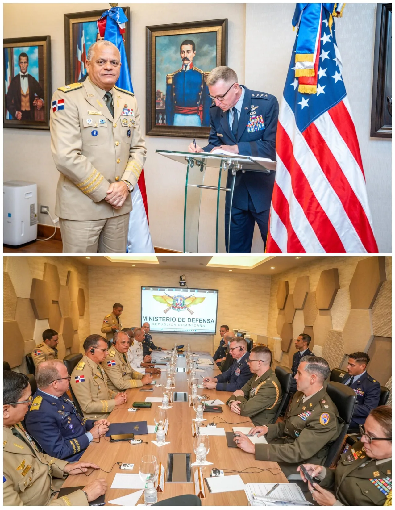 El ministro de Defensa dominicano, teniente general Carlos Antonio Fernández Onofre, junto al comandante del Comando Sur de Estados Unidos durante la reunión de trabajo en el Ministerio de Defensa, en Santo Domingo, y la sesión de la mesa bilateral bajo el emblema del Ministerio de Defensa